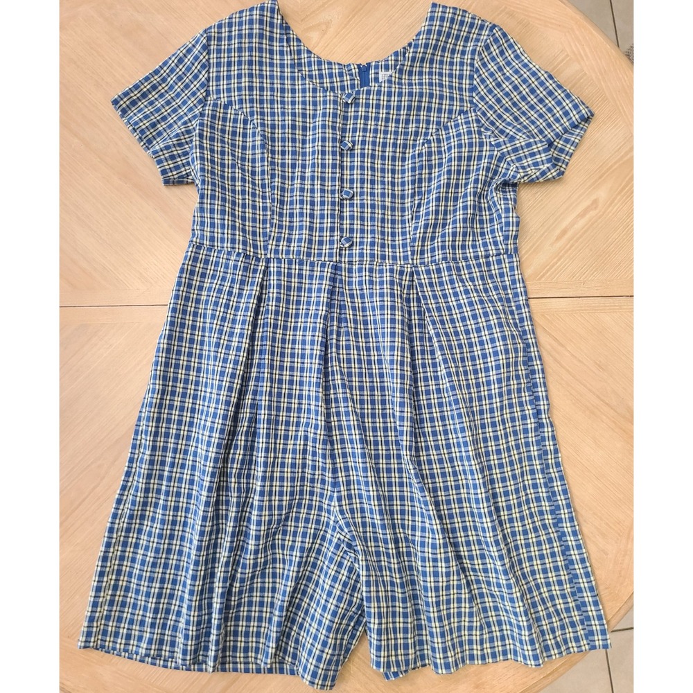 Plaid Romper Women XL Blue Yellow Excellent Vintage Checkered